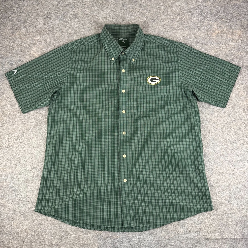 Antigua Green Bay Packers Button Down Shirt Plaid Pocket Green NFL Mens Large L